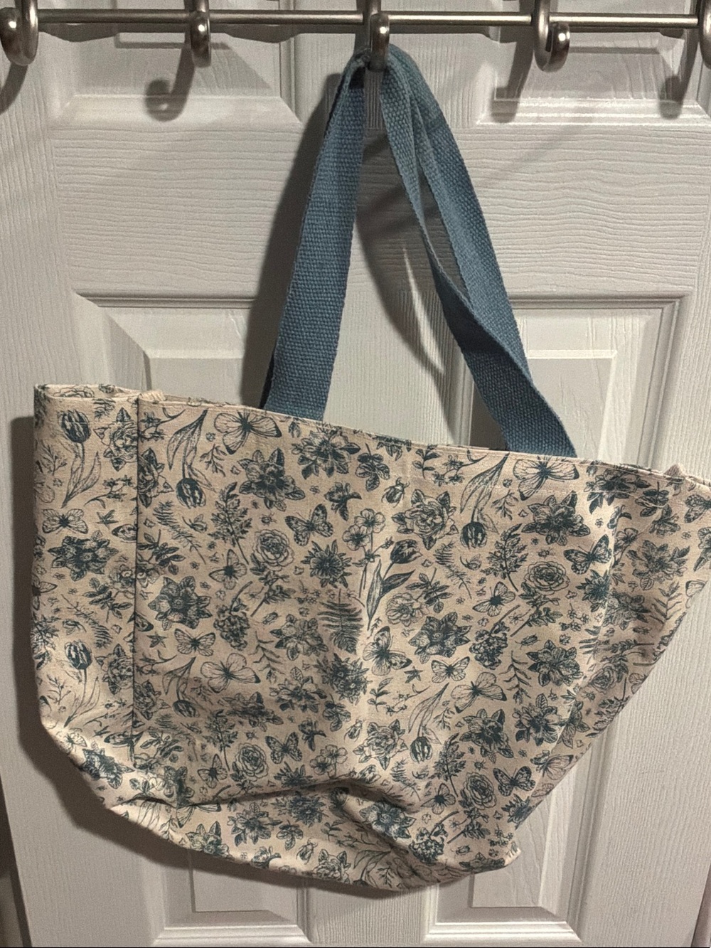 Canvas Floral Tote Bag with Blue Handles